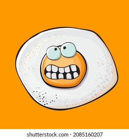 Vector cartoon fried egg character isolated on orange background. Perfect fried egg for good morning concept illustration. Funky cartoon egg character for printing on tee, menu and food poster