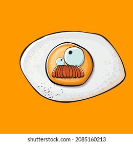 Vector cartoon fried egg character isolated on orange background. Perfect fried egg for good morning concept illustration. Funky cartoon egg character for printing on tee, menu and food poster
