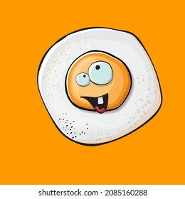 Vector cartoon fried egg character isolated on orange background. Perfect fried egg for good morning concept illustration. Funky cartoon egg character for printing on tee, menu and food poster