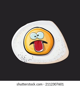 Vector cartoon fried egg character isolated on grey background. Perfect fried egg for good morning concept illustration. Funky cartoon egg character for printing on tee, menu and food poster