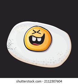 Vector cartoon fried egg character isolated on grey background. Perfect fried egg for good morning concept illustration. Funky cartoon egg character for printing on tee, menu and food poster