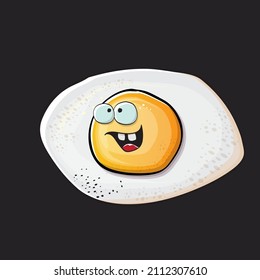 Vector cartoon fried egg character isolated on grey background. Perfect fried egg for good morning concept illustration. Funky cartoon egg character for printing on tee, menu and food poster