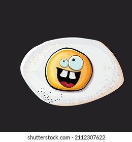 Vector cartoon fried egg character isolated on grey background. Perfect fried egg for good morning concept illustration. Funky cartoon egg character for printing on tee, menu and food poster