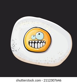 Vector cartoon fried egg character isolated on grey background. Perfect fried egg for good morning concept illustration. Funky cartoon egg character for printing on tee, menu and food poster