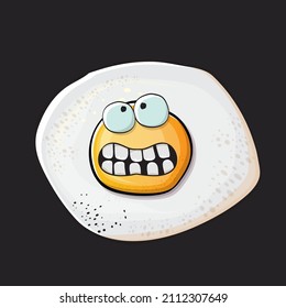 Caricatura vectorial personaje de huevo frito aislado en fondo gris. Huevo frito perfecto para una buena ilustración del concepto matutino. Caricatura divertida personaje de huevo para imprimir en el cartel de té, menú y comida