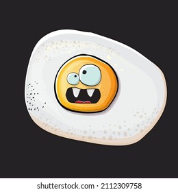 Vector cartoon fried egg character isolated on grey background. Perfect fried egg for good morning concept illustration. Funky cartoon egg character for printing on tee, menu and food poster