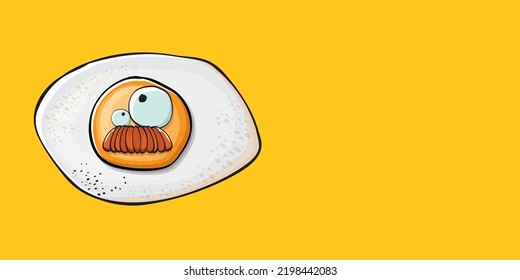 Caricatura vectorial personaje de huevo frito aislado en fondo naranja. Huevo frito lindo para una buena ilustración del concepto matutino. Caricatura divertida personaje de huevo para imprimir en el cartel de té, menú y comida