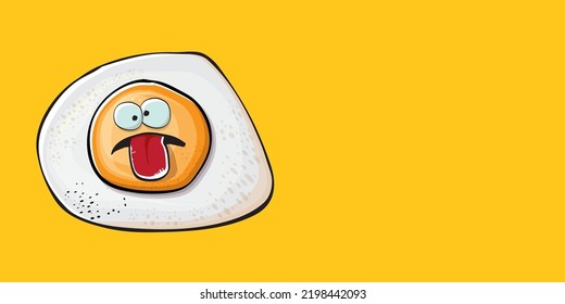 Vector cartoon fried egg character isolated on orange background. Cute fried egg for good morning concept illustration. Funky cartoon egg character for printing on tee, menu and food poster