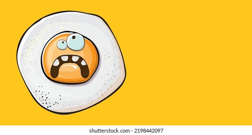 Vector cartoon fried egg character isolated on orange background. Cute fried egg for good morning concept illustration. Funky cartoon egg character for printing on tee, menu and food poster