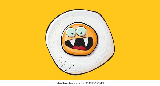 Vector cartoon fried egg character isolated on orange background. Cute fried egg for good morning concept illustration. Funky cartoon egg character for printing on tee, menu and food poster