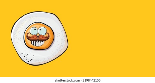 Vector cartoon fried egg character isolated on orange background. Cute fried egg for good morning concept illustration. Funky cartoon egg character for printing on tee, menu and food poster