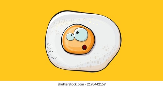 Vector cartoon fried egg character isolated on orange background. Cute fried egg for good morning concept illustration. Funky cartoon egg character for printing on tee, menu and food poster