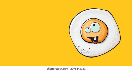 Vector cartoon fried egg character isolated on orange background. Cute fried egg for good morning concept illustration. Funky cartoon egg character for printing on tee, menu and food poster