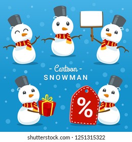 vector cartoon friendly snowman character template with various sale pose illustration for winter event, collection set