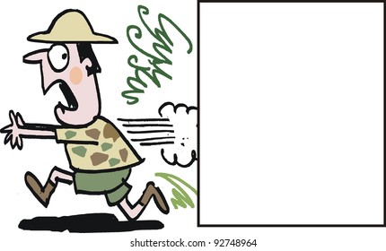 Vector cartoon of frightened man running from danger