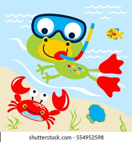 Vector cartoon of frog in diving goggles swimming with marine animals