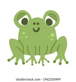 Vector cartoon frog. Funny woodland swamp animal. Cute forest illustration for kids isolated on white background. Green sitting toad icon
