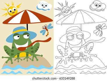 vector cartoon of frog in leisure activity at beach with dragonfly and sky object, coloring book or page