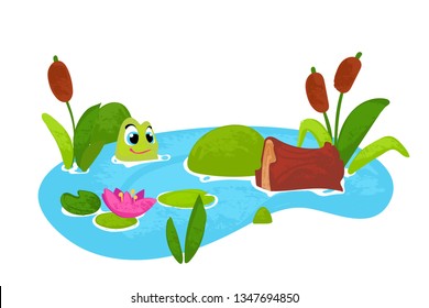 Vector cartoon frog on the pond. Vector illustration in children's style.