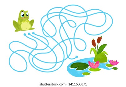 Vector cartoon frog and pond in children's style. Vector illustrations for children books. Labyrinth. Educational game for children. 