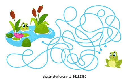 Vector cartoon frog and pond in children's style. Vector illustrations for children books. Labyrinth. Educational game for children. 