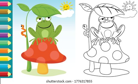 Vector cartoon frog sitting mushroom and caterpillar hiding from blazing sun under leaf  coloring book page