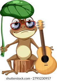 Vector cartoon frog wearing glasses, holding leaf umbrella, sitting on stump with acoustic guitar