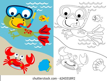 vector cartoon of frog wearing goggles diving with marine animals, coloring book or page