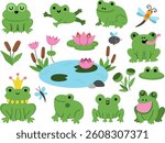 Vector cartoon frogs clipart set. Cute swamp animal icons of fairytale characters. Woodland or water character collection. Forest toad illustrations. Funny marsh pack with reeds, lily, pond, fly
