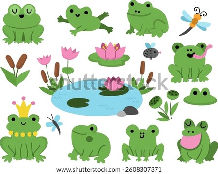 Vector cartoon frogs clipart set. Cute swamp animal icons of fairytale characters. Woodland or water character collection. Forest toad illustrations. Funny marsh pack with reeds, lily, pond, fly
