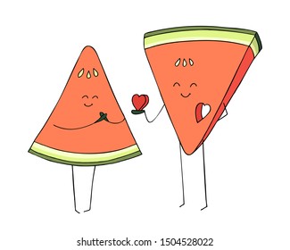 Vector cartoon fruit heroes isolated on white background. Colorful hand drawn illustration. Watermelon couple in love. Two happy smiling watermelon slices with heart in kawaii style. Valentine Day.