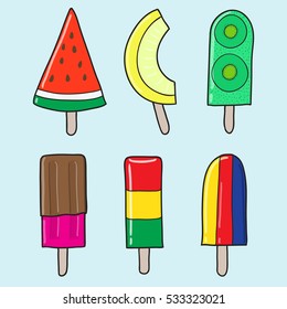 Vector cartoon fruit ice cream set. Vector doodle illustration