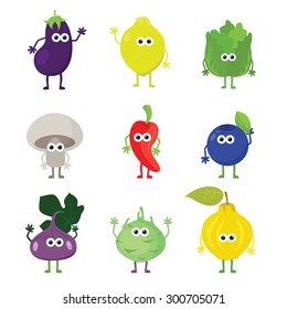 Vector cartoon fruit and vegetables. Cartoon fruit and vegetable characters set: eggplant, lemon, iceberg lettuce, mushroom, jalapeno, huckleberry, fig, kohlrabi, quince. Cute kawaii food characters.