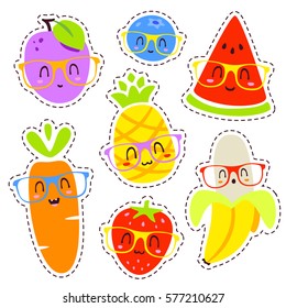 vector cartoon fruits in glasses patch set