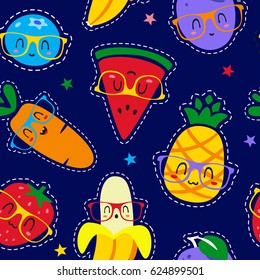 vector cartoon fruits in glasses patch dark blue seamless pattern