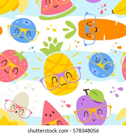 vector cartoon fruits in glasses seamless pattern
