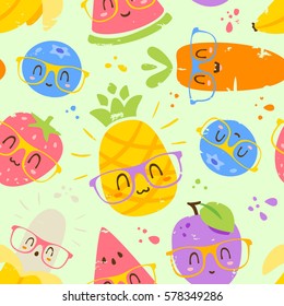 vector cartoon fruits in glasses seamless pattern
