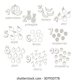 Vector cartoon fruits and numerals for kids. Vector sketch illustration. 