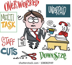 Vector cartoon of frustrated executive in office  with signs.