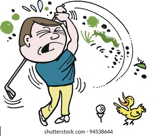 Vector cartoon of frustrated golfer trying to hit ball