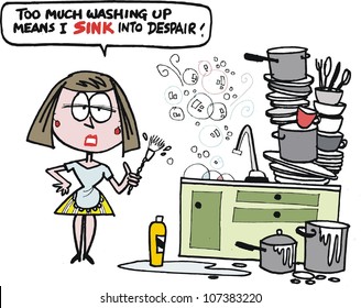 Vector cartoon of frustrated housewife washing up dishes