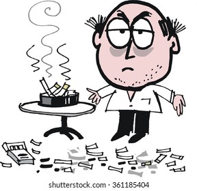 Vector cartoon of frustrated man trying to quit smoking cigarettes.