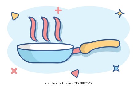 Vector cartoon frying pan icon in comic style. Cooking pan concept illustration pictogram. Skillet kitchen equipment business splash effect concept.