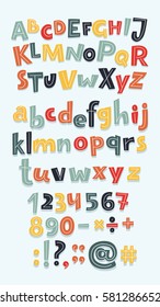 Vector Cartoon Fun Big Set Of Letters, Numbers. Hand Drawn Sign Addition, Multiplication, Subtraction, Division, Dot, Dash, Question, Exclamation Mark, Colon, Quotes, Hashtag, Uppercase And Lowercase