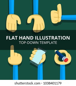 vector cartoon fun hand semi flat doodle design template for top down scene with hand up hand down thumb up pointing smartphone hold and pencil writing collection set