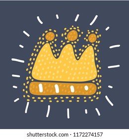 Vector cartoon fun illustration of childlike drawing of golden crown on dark bakcground. Hand drawn sketch concept.