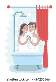 Vector cartoon fun illustration of loving affectionate nude young heterosexual couple taking shower and take care each other in love.