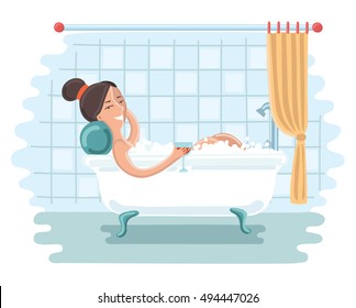 Vector cartoon fun illustration of woman relaxing in bath in bathroom