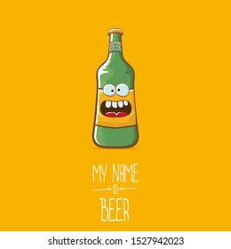 vector cartoon funky beer bottle character isolated on orange background.vector beer comic label or poster design template. my name is beer or happy friday concept illustration