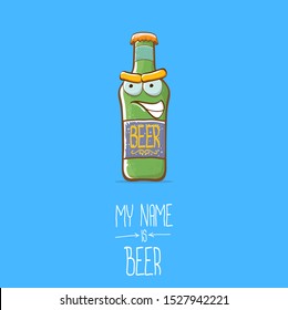 vector cartoon funky beer bottle character isolated on blue  background.vector beer comic label or poster design template. my name is beer or happy friday concept illustration